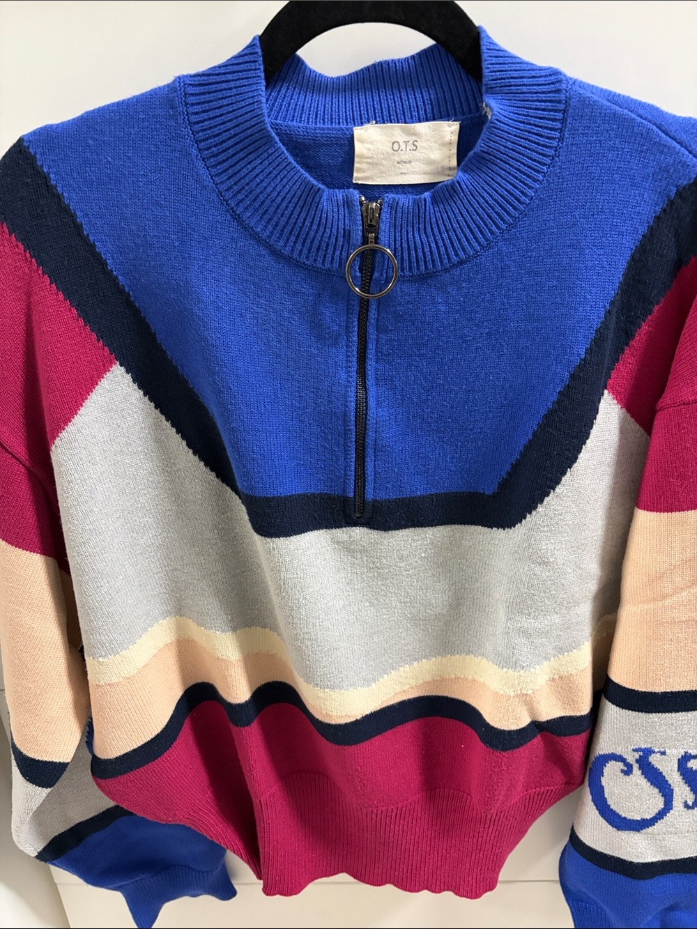O.T.S Blue & Pink Colorblock Half-Zip Turtleneck Sweater